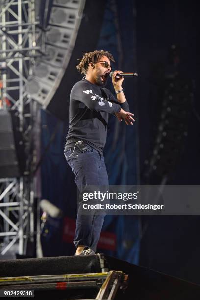 Rapper Jan Delay of the band Beginner performs live on stage during the second day of the Hurricane festival on June 23, 2018 in Scheessel, Germany.