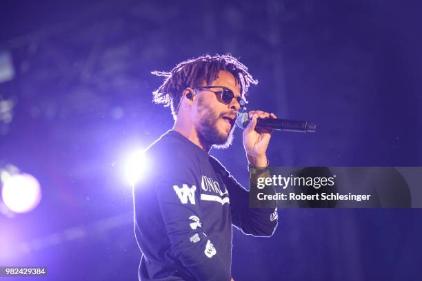 Rapper Jan Delay of the band Beginner performs live on stage during the second day of the Hurricane festival on June 23, 2018 in Scheessel, Germany.