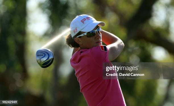 Gwladys Nocera of France tees off on the third hole during the final round of the 2010 Kraft Nabisco Championship, on the Dinah Shore Course at The...