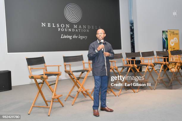 Nelson Mandela Foundation CEO Sello Hatang speaks during the BET International: Global Good Presents: Madiba screening & panel discussion during the...