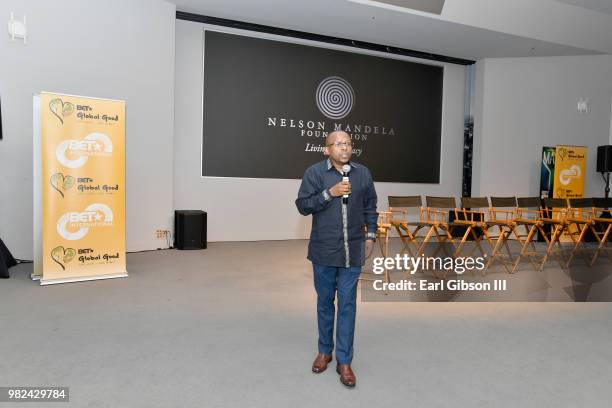 Nelson Mandela Foundation CEO Sello Hatang speaks during the BET International: Global Good Presents: Madiba screening & panel discussion during the...
