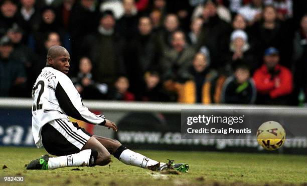 Luis Boa Morte of Fulham scores the first goal during the Nationwide Division One match between Fulham and Sheffield United played at Craven Cottage,...