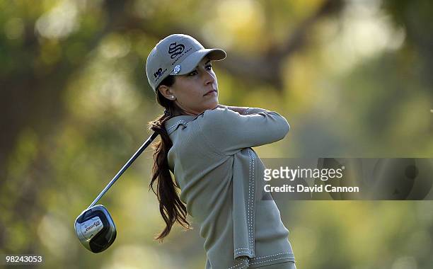 Paige Mackenzie of the USA plays her tee shot on the third hole during the final round of the 2010 Kraft Nabisco Championship, on the Dinah Shore...