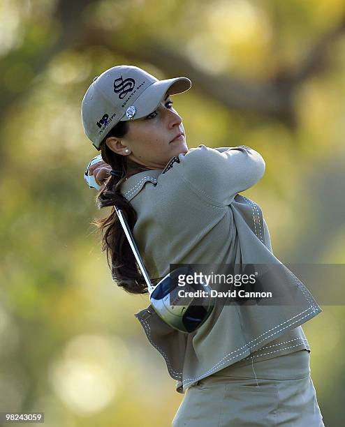 Paige Mackenzie of the USA plays her tee shot on the third hole during the final round of the 2010 Kraft Nabisco Championship, on the Dinah Shore...