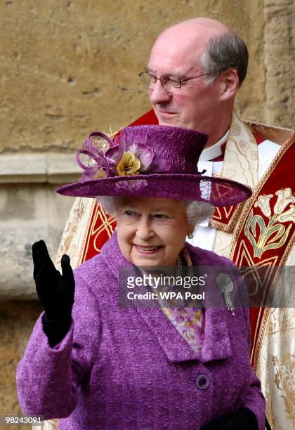 Queen Elizabeth II with the Dean of Windsor, The Right Reverend David Coner at the traditional Easter Sunday church service at St. George's Chapel on...
