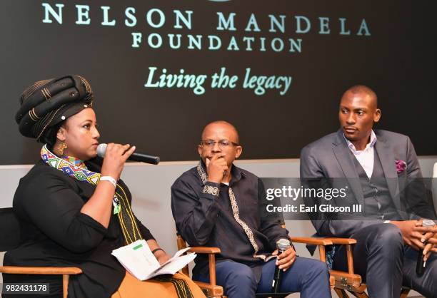 Criselda Dudumashe, Nelson Mandela Foundation CEO Sello Hatang, and Bismack Biyombo speak during the BET International: Global Good Presents: Madiba...