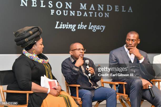 Criselda Dudumashe, Nelson Mandela Foundation CEO Sello Hatang, and Bismack Biyombo speak during the BET International: Global Good Presents: Madiba...