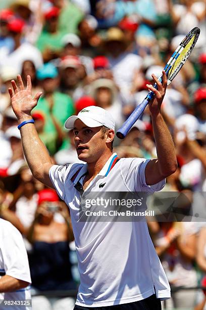 Andy Roddick of the United States celebrates after defeating Tomas Berdych of the Czech Republic in straight sets to win the men's final of the 2010...