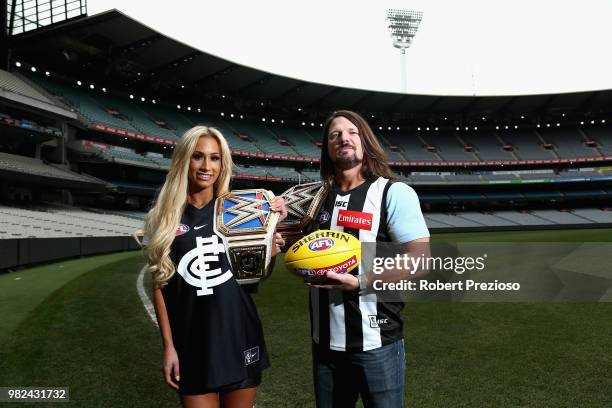 Smackdown women's champion Carmella and WWE'S world champion AJ Styles pose for photos at the Melbourne Cricket Ground on June 24, 2018 in Melbourne,...