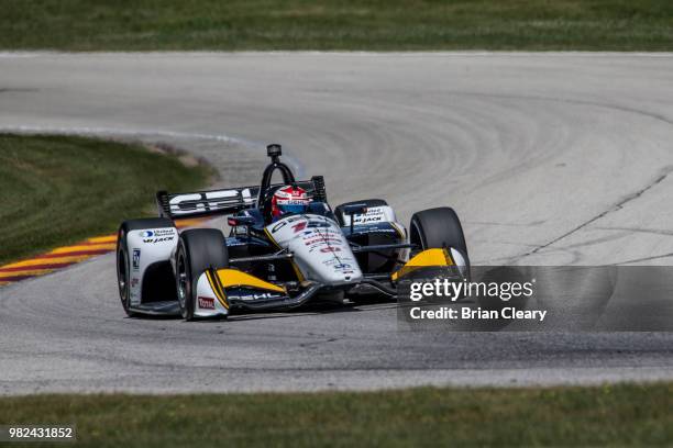 Graham Rahal drives the Honda IndyCar on the track during practice for the Verizon IndyCar Series Kohler Grand Prix at Road America on June 23, 2018...