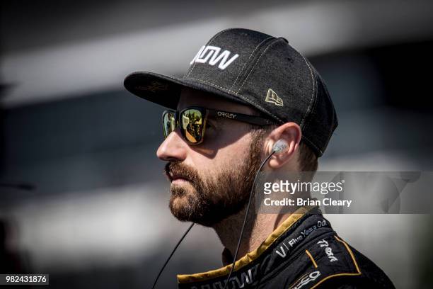 James Hinchcliffe, of Canada, is shown in the pits before qualifying for the Verizon IndyCar Series Kohler Grand Prix at Road America on June 23,...