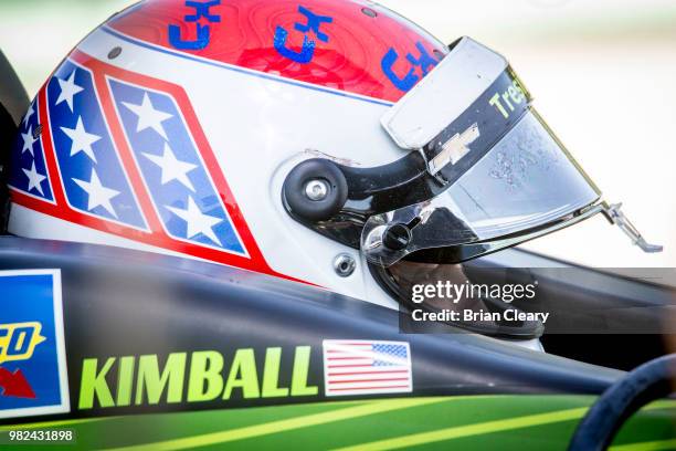 Charlie Kimball sits in his car before qualifying for the Verizon IndyCar Series Kohler Grand Prix at Road America on June 23, 2018 in Elkhart Lake,...