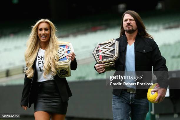 Smackdown women's champion Carmella and WWE'S world champion AJ Styles arrive ahead of a media opportunity at the Melbourne Cricket Ground on June...