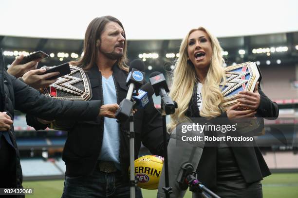 World champion AJ Styles and Smackdown women's champion Carmella speak at the Melbourne Cricket Ground on June 24, 2018 in Melbourne, Australia.