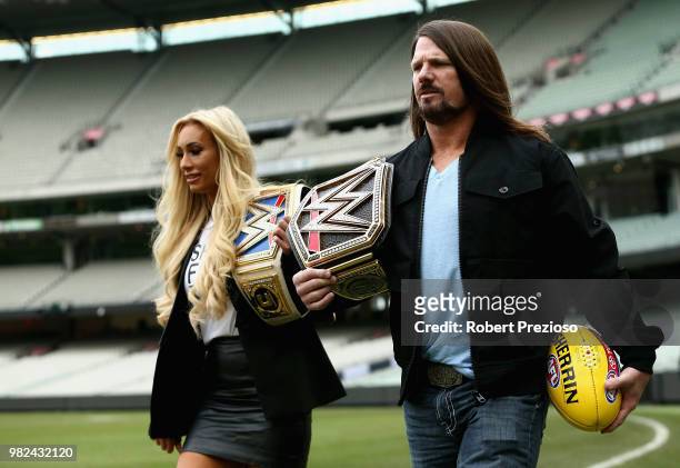 Smackdown women's champion Carmella and WWE'S world champion AJ Styles arrive ahead of a media opportunity at the Melbourne Cricket Ground on June...