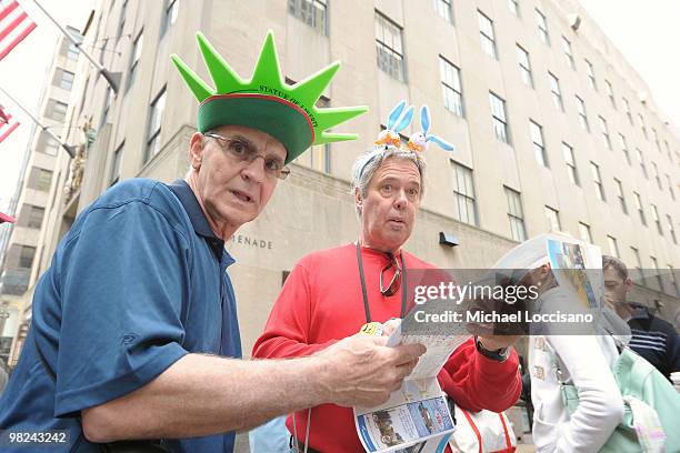 Gilles Couture and Pierre Guilbault take part in the annual Easter Parade bonnet and costume-wearing festivities on April 4, 2010 in New York City....