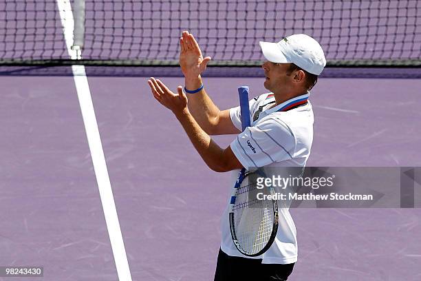 Andy Roddick of the United States celebrates after defeating Tomas Berdych of the Czech Republic in straight sets to win the men's final of the 2010...