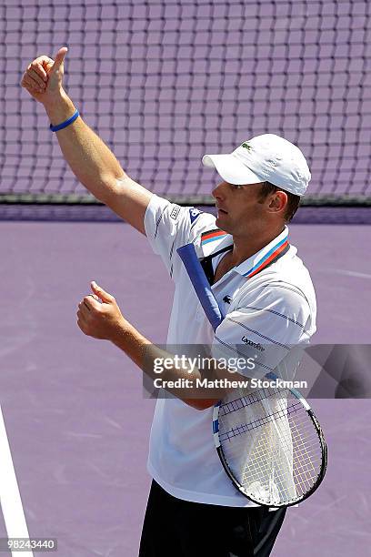 Andy Roddick of the United States celebrates after defeating Tomas Berdych of the Czech Republic in straight sets to win the men's final of the 2010...