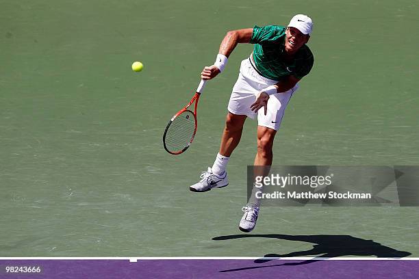 Tomas Berdych of the Czech Republic serves against Andy Roddick of the United States during the men's final of the 2010 Sony Ericsson Open at Crandon...