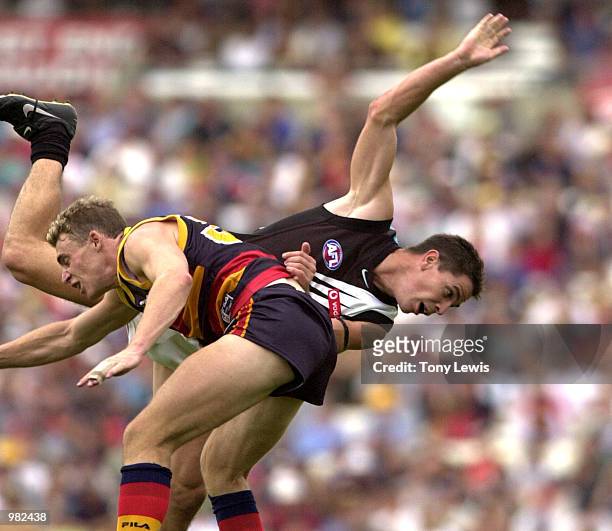 Simon Goodwin for Adelaide and Adam Kingsley for Port in action inthe match between the Adelaide Crows and Port Power in round 3 of the AFL played at...