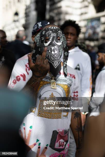 Bari is seen on the street during Paris Men's Fashion Week S/S 2019 wearing Dior on June 23, 2018 in Paris, France.