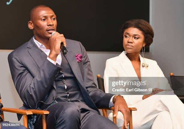 Bismack Biyombo and Becca speak during the BET International: Global Good Presents: Madiba screening & panel discussion during the 2018 BET...