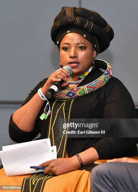 Criselda Dudumashe speaks during the BET International: Global Good Presents: Madiba screening & panel discussion during the 2018 BET Experience on...