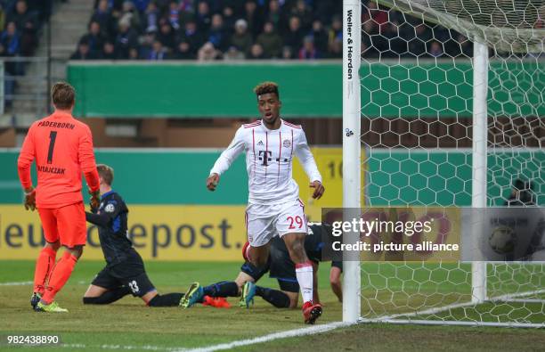 Munich's Kingsley Coman runs past the goal after scoring the 0-1 during the German DFB Cup soccer match between SC Paderborn and FC Bayern Munich in...
