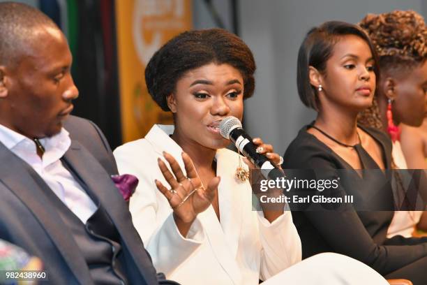 Bismack Biyombo, Becca, and Ilwad Elman speak during the BET International: Global Good Presents: Madiba screening & panel discussion during the 2018...