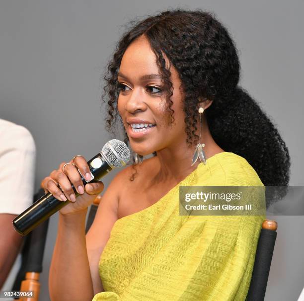 Nomzamo Mbatha speaks during the BET International: Global Good Presents: Madiba screening & panel discussion during the 2018 BET Experience on June...