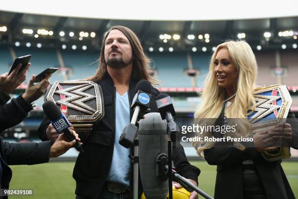World champion AJ Styles and Smackdown women's champion Carmella speak at the Melbourne Cricket Ground on June 24, 2018 in Melbourne, Australia.