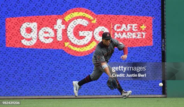 Jon Jay of the Arizona Diamondbacks fields a single off the bat of Elias Diaz of the Pittsburgh Pirates in the seventh inning during the game at PNC...