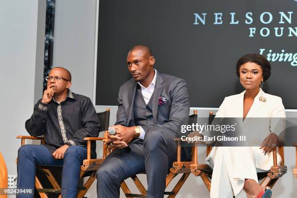 Nelson Mandela Foundation CEO Sello Hatang, Bismack Biyombo, and Becca speak during the BET International: Global Good Presents: Madiba screening &...