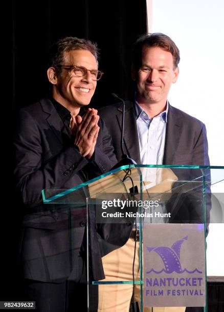 Ben Stiller and Mike Birbiglia speak onstage during the Screenwriters Tribute at the 2018 Nantucket Film Festival - Day 4 on June 23, 2018 in...