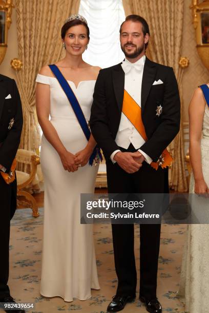 Princess Claire of Luxembourg and Prince Felix of Luxembourg pose for photographers before the official dinner for National Day at the ducal palace...