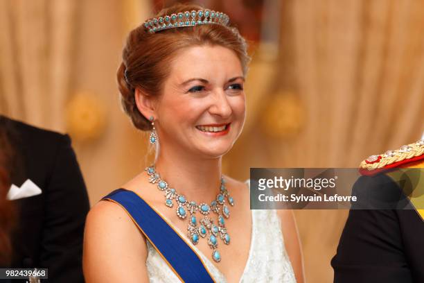 Princess Stephanie of Luxembourg poses for photographers before the official dinner for National Day at the ducal palace on June 23, 2018 in...