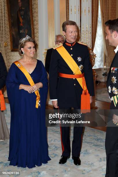 Grand Duchess Maria Teresa of Luxembourg and Grand Duke Henri of Luxembourg, attend the official dinner for National Day at the ducal palace on June...