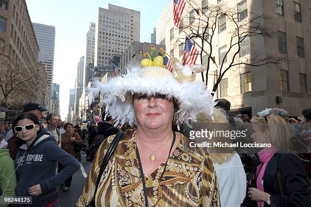 Woman takes part in the annual Easter Parade bonnet and costume-wearing festivities on April 4, 2010 in New York City. The parade is a New York...
