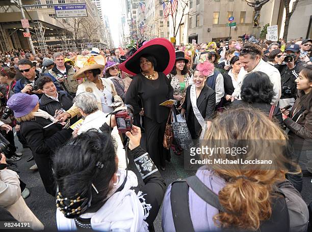 An attendee takes part in the annual Easter Parade bonnet and costume-wearing festivities on April 4, 2010 in New York City. The parade is a New York...