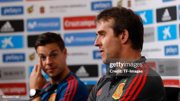 Julen Lopetegui of Spain and Cesar Azpilicueta of Spain attend the press conference prior to a training session on June 8, 2018 in Krasnodar, Russia.