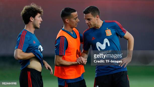 Thiago Alcantara of Spain, Cesar Azpilicueta of Spain and Alvaro Odriozolo of Spain look on during a training session on June 8, 2018 in Krasnodar,...
