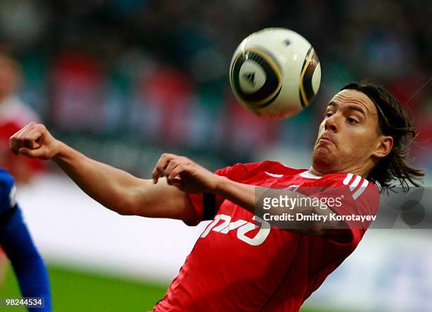 Tomislav Dujmovic of FC Lokomotiv Moscow in action during the Russian Football League Championship match between FC Lokomotiv Moscow and FC Dynamo...