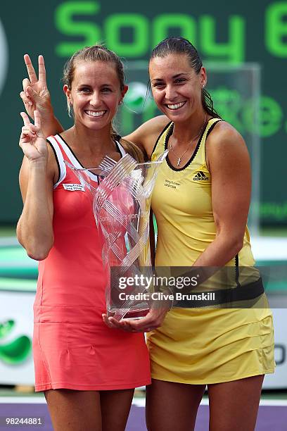 Gisela Dulko of Argentina and Flavia Pennetta of Italy pose with the trophy after defeating Samantha Stosur of Australia and Nadia Petrova of Russia...