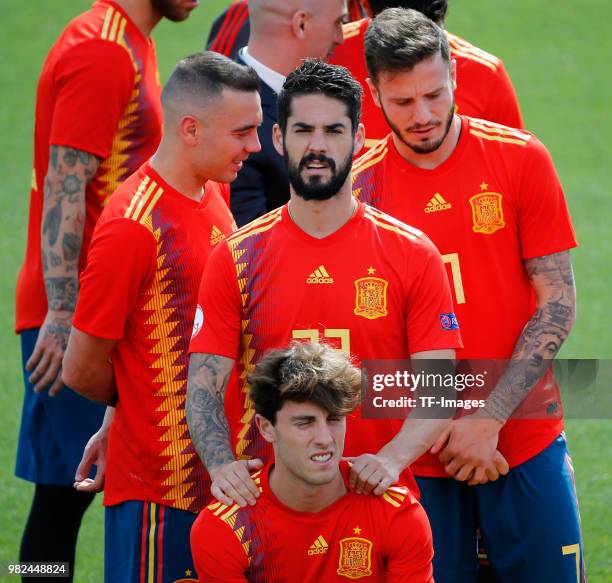 Isvo Alarcon of Spain, Alvaro Odriozola of Spain, Iago Aspas of Spain and Saul Niguez of Spain look on during a training session on June 6, 2018 in...