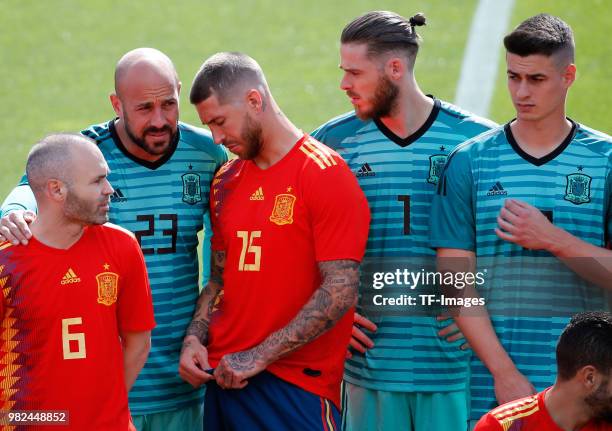 Andres Iniesta of Spain, Pepe Reina of Spain, Sergio Ramos of Spain, David De Gea of Spain and Kepa of Spain look on during a training session on...