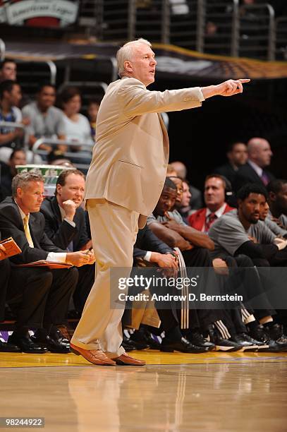 Head Coach Gregg Popovich of the San Antonio Spurs directs his team against the Los Angeles Lakers at Staples Center on April 4, 2010 in Los Angeles,...