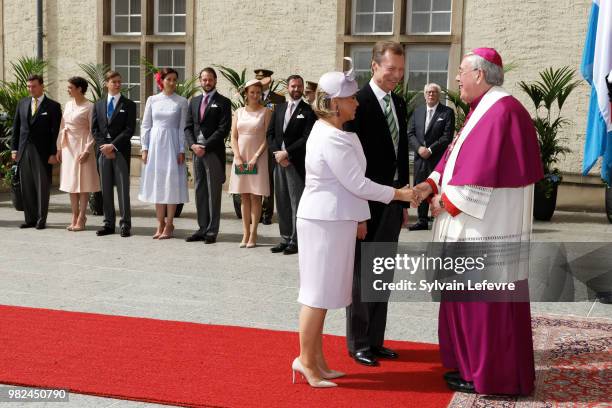 Grand Duchess Maria Teresa of Luxembourg, Grand Duke Henri of Luxembourg arrive for Te Deum for National Day at Notre Dame du Luxembourg cathedral on...
