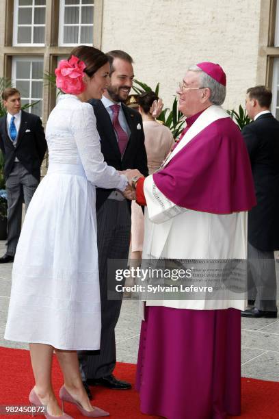 Princess Claire of Luxembourg and Prince Felix of Luxembourg arrive for Te Deum for National Day at Notre Dame du Luxembourg cathedral on June 23,...