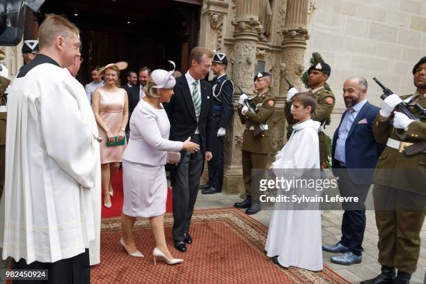 Grand Duchess Maria Teresa of Luxembourg, Grand Duke Henri of Luxembourg leave Notre Dame du Luxembourg cathedral after attending Te Deum for...