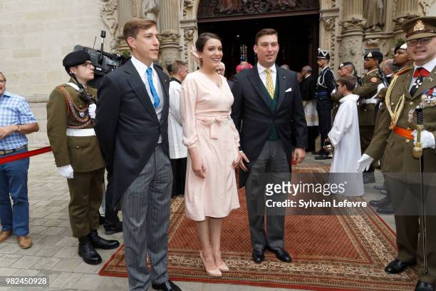Prince Louis of Luxembourg, Princess Alexandra of Luxembourg and Prince Sebastien of Luxembourg leave Notre Dame du Luxembourg cathedral after...